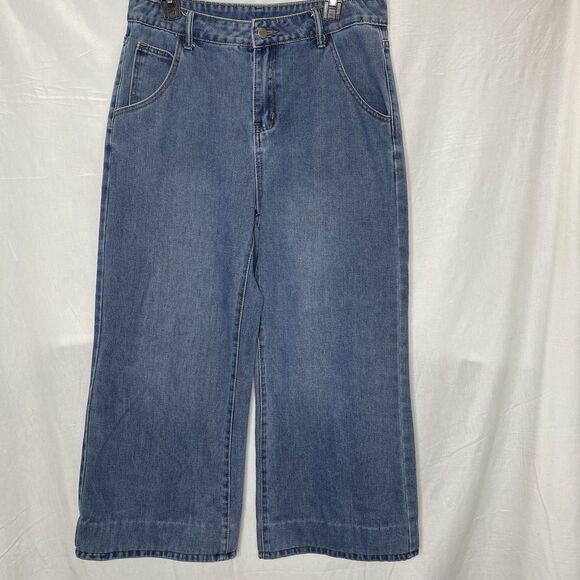 DAZY Jeans High Rise Wide Leg Baggy Fit Cuffed Denim Medium Wash Womens XL Blue - Picture 2 of 12